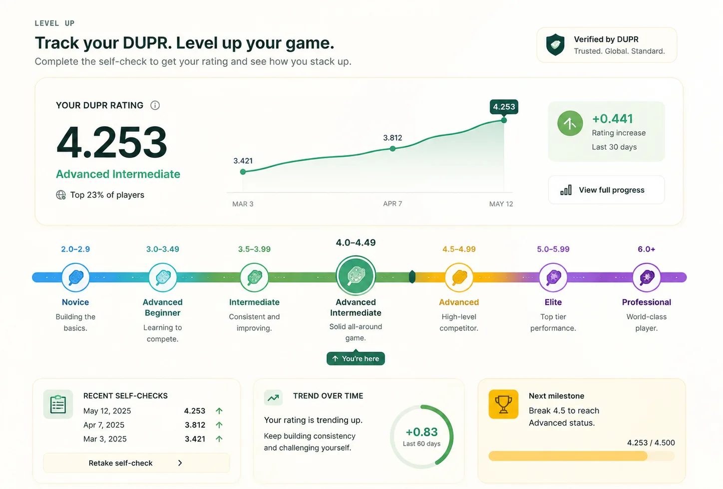DUPR level-up dashboard