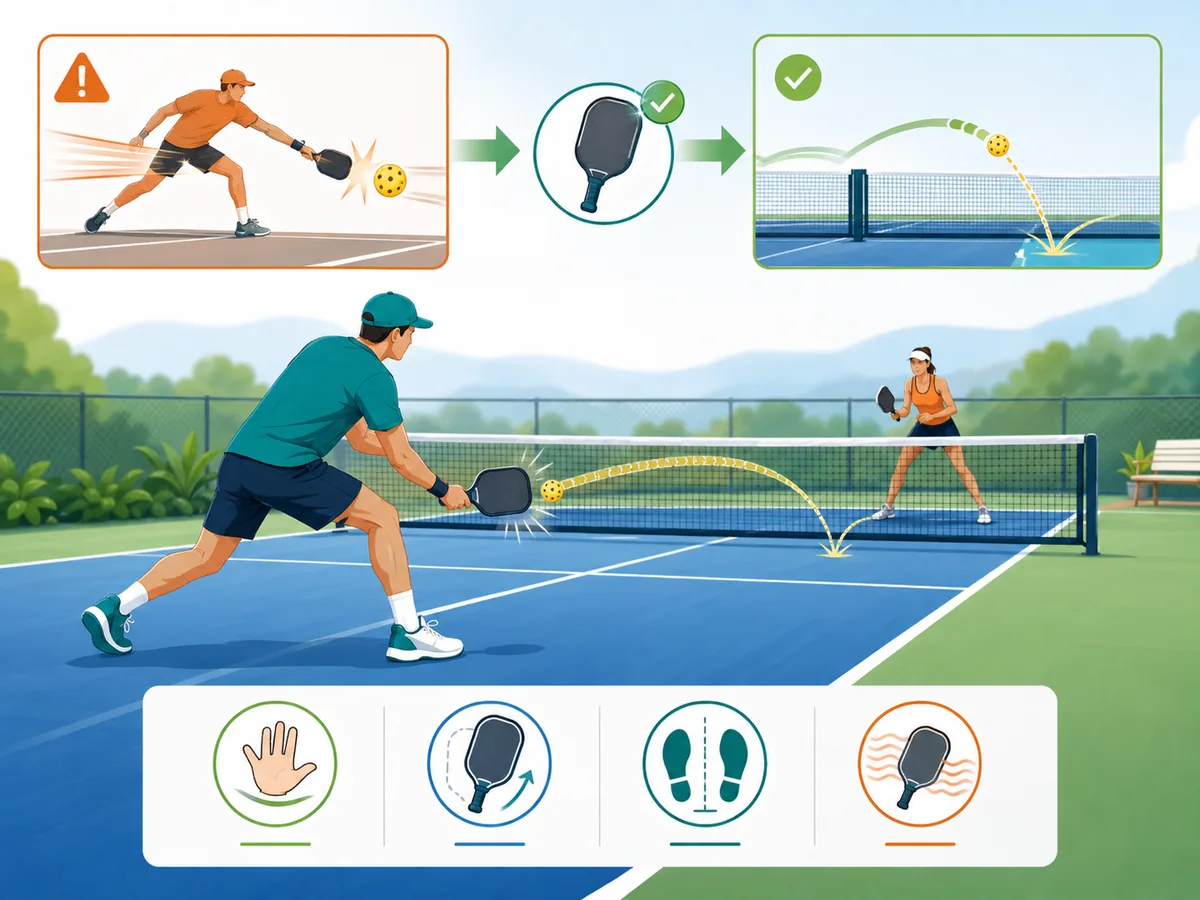 Pickleball player absorbing pace with a compact backhand reset and dropping the ball softly into the kitchen