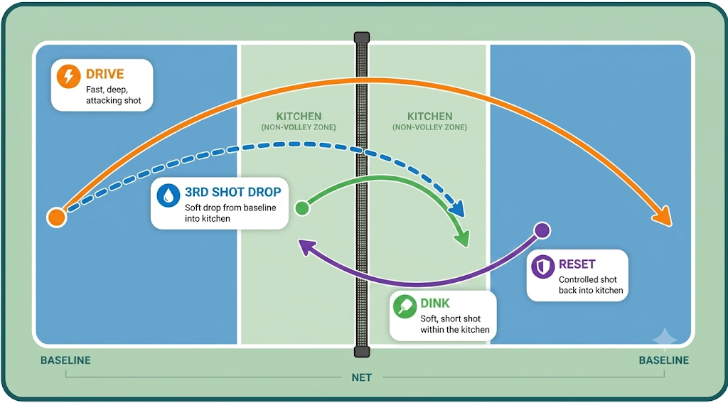 Color-coded pickleball shot map showing drive, third-shot drop, dink, and reset trajectories