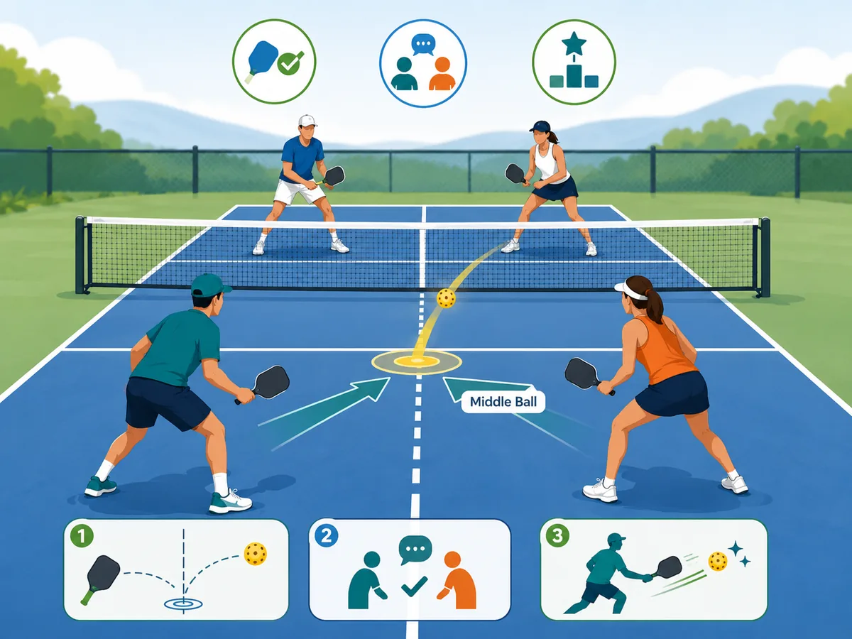 Doubles pickleball court diagram showing a ball traveling to the middle and partners communicating who should take it
