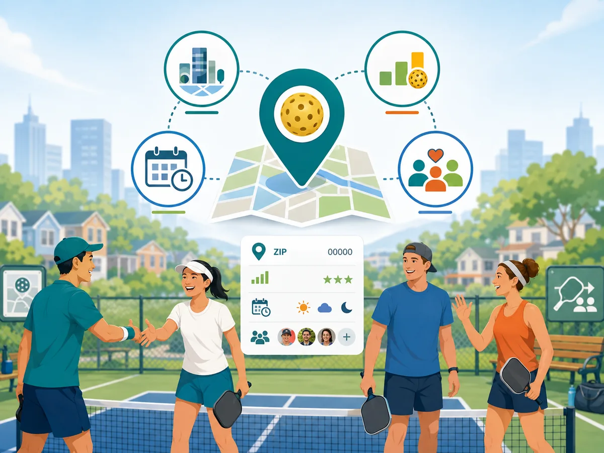 Friendly pickleball players connecting through city, ZIP code, level, schedule, and local community matching