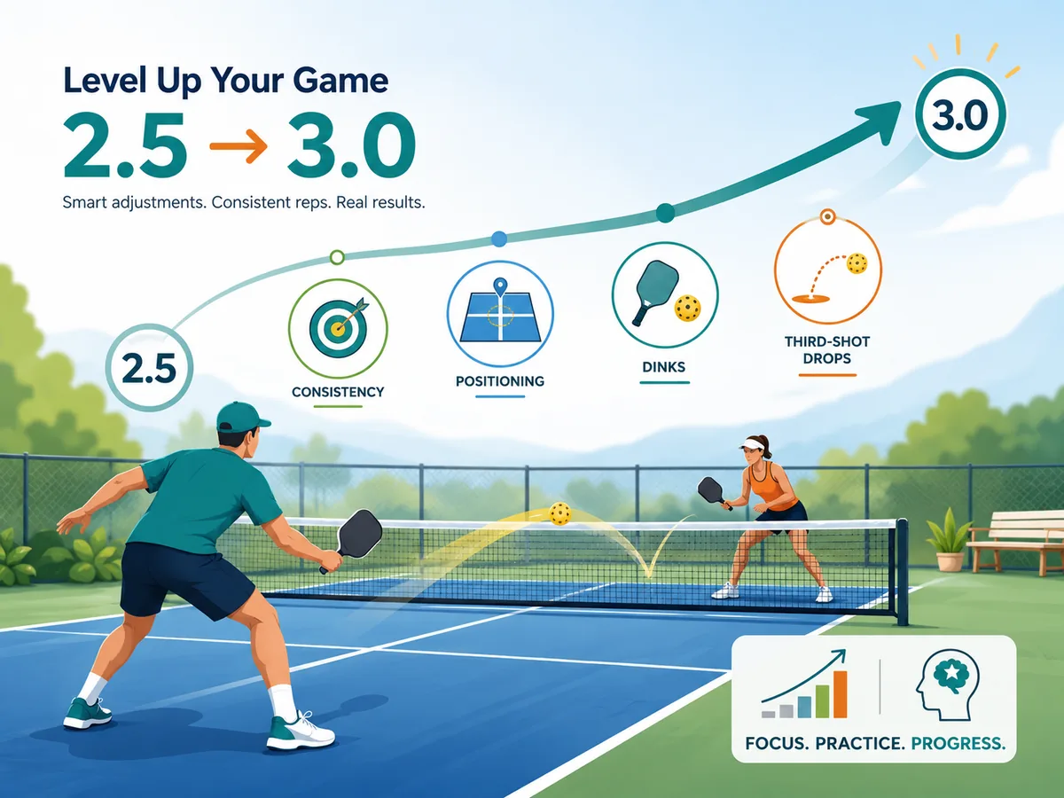 Pickleball player improving from level 2.5 to 3.0 with focus icons for consistency, positioning, dinks, and third-shot drops
